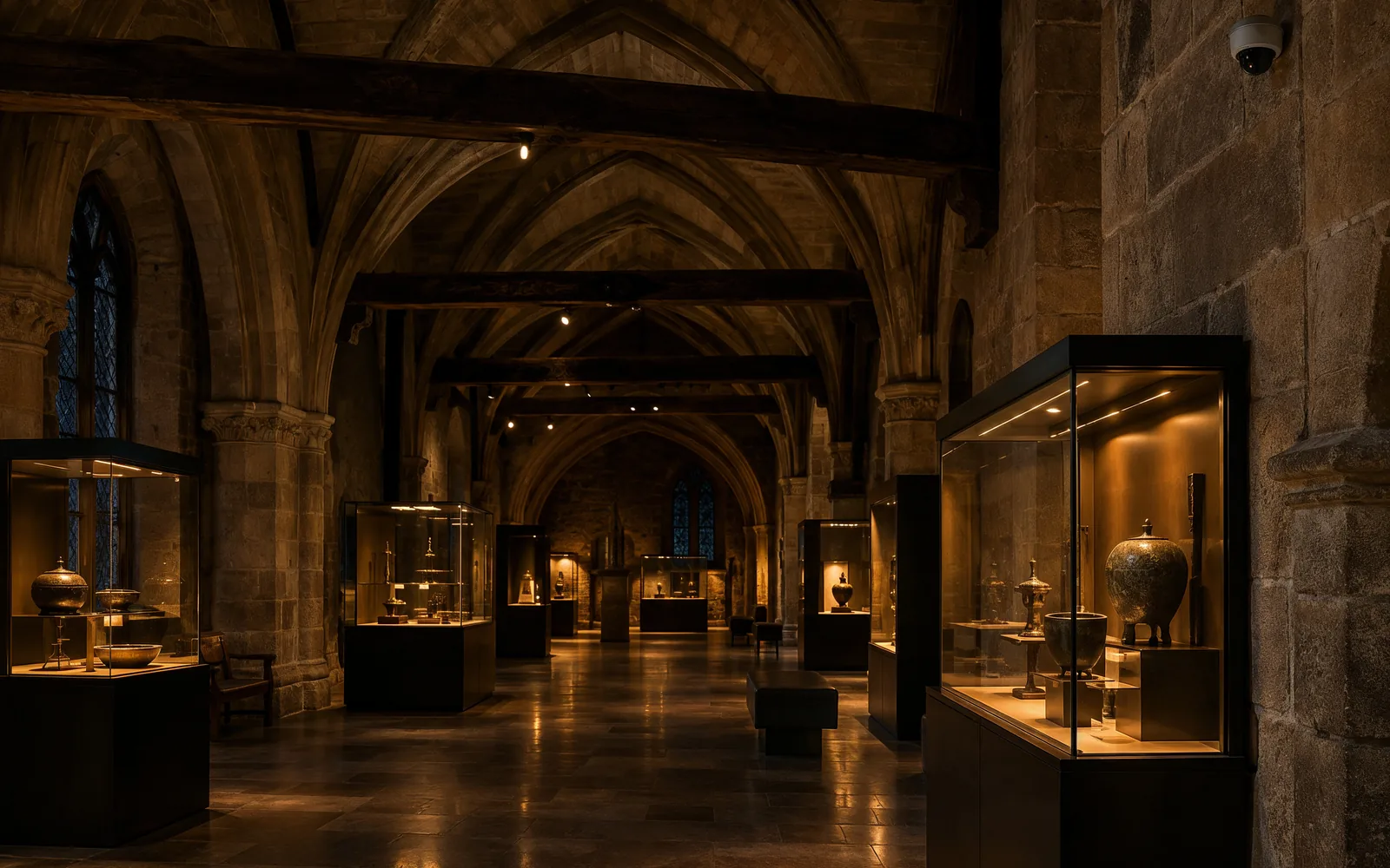 Nächtliche Ausstellungshalle in einem historischen Gebäude mit beleuchteten Vitrinen und einer Kuppelkamera an der Wand