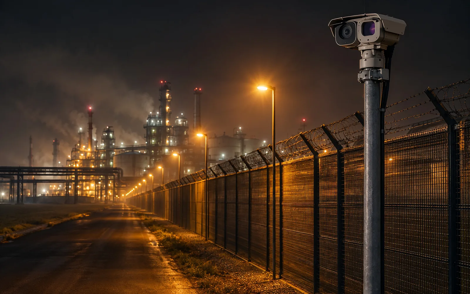 Nächtlicher Sicherheitszaun eines Industriegeländes mit Kamera am Mast im Vordergrund