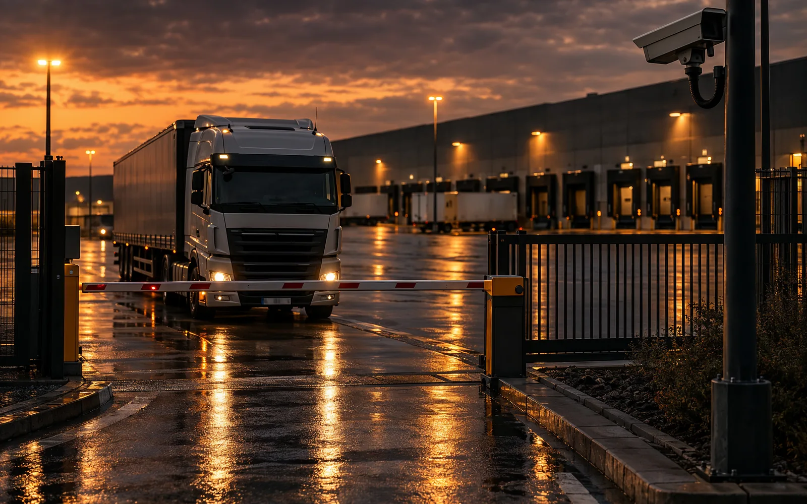 LKW an einer Zufahrt mit Schranke, im Vordergrund eine Kamera am Mast