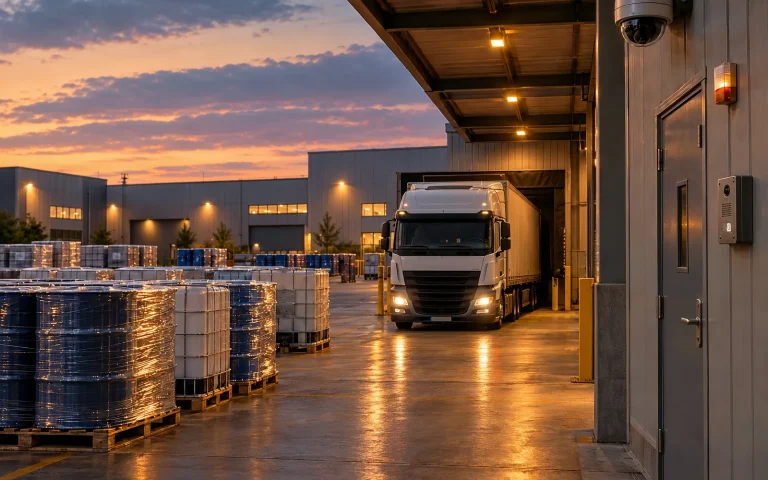 Verladebereich mit Paletten und angedocktem LKW, Kuppelkamera unter dem Vordach