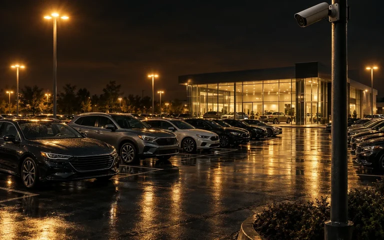 Fahrzeuge auf dem Außengelände eines Autohauses bei Nacht, Kamera am Mast