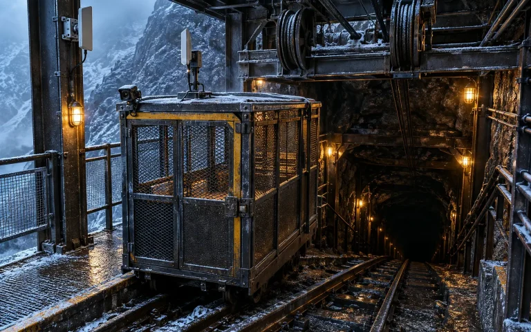 Bergstation eines Schachts mit Förderkorb auf Schienen und Richtfunkantennen