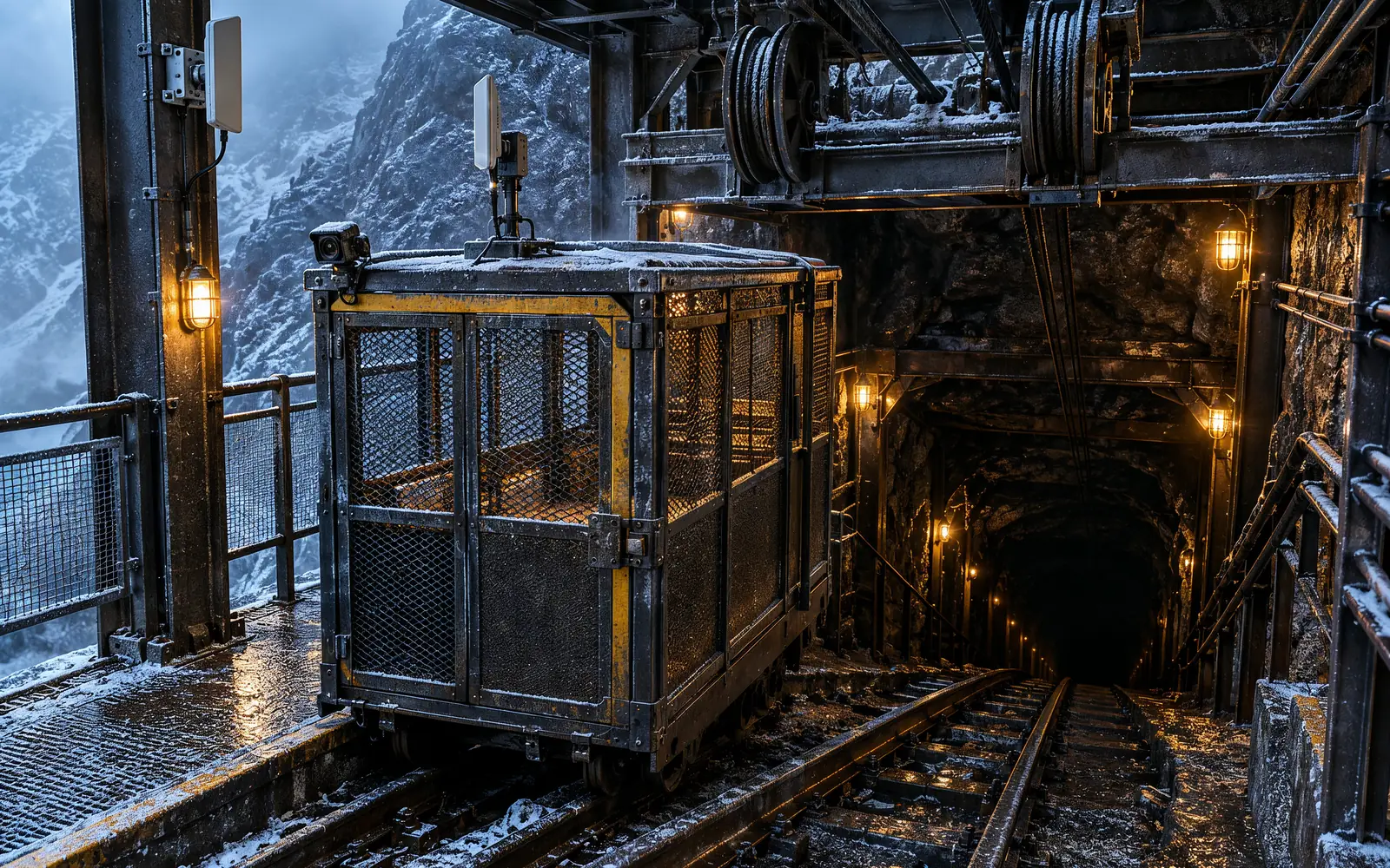 Bergstation eines Schachts mit Förderkorb auf Schienen und Richtfunkantennen