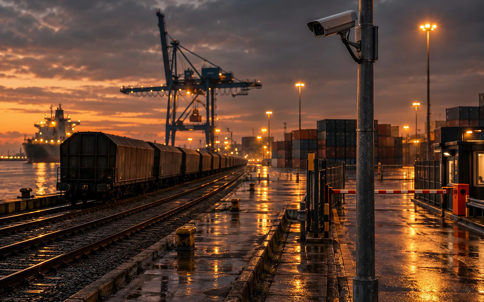 Hafengelände mit Güterzug, Kran und LKW-Zufahrt, Kamera am Mast