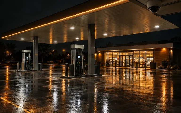 Tankstelle bei Nacht mit beleuchtetem Dach und Kuppelkamera