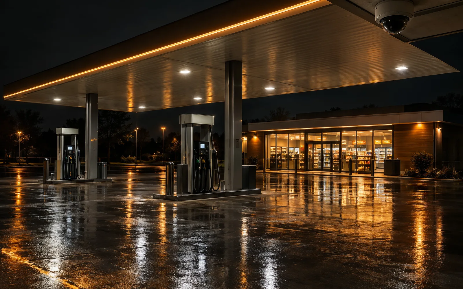 Tankstelle bei Nacht mit beleuchtetem Dach und Kuppelkamera