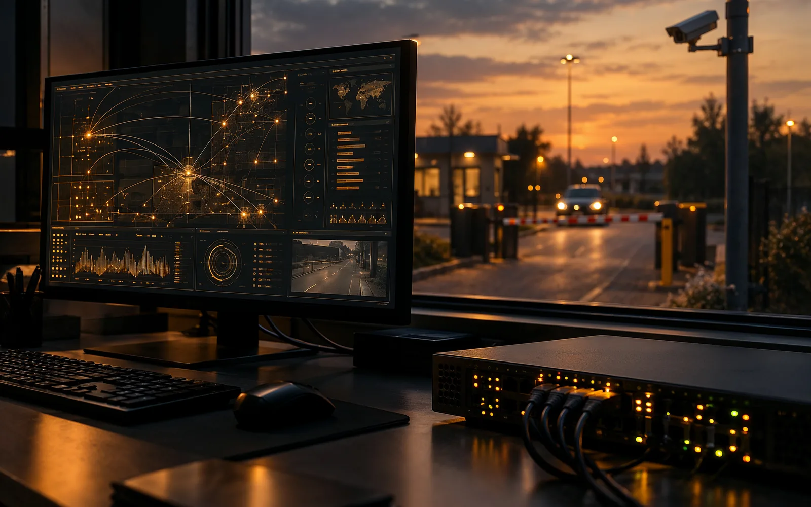 Arbeitsplatz mit Monitor und Netzwerkswitch, im Hintergrund eine Zufahrt mit Kamera